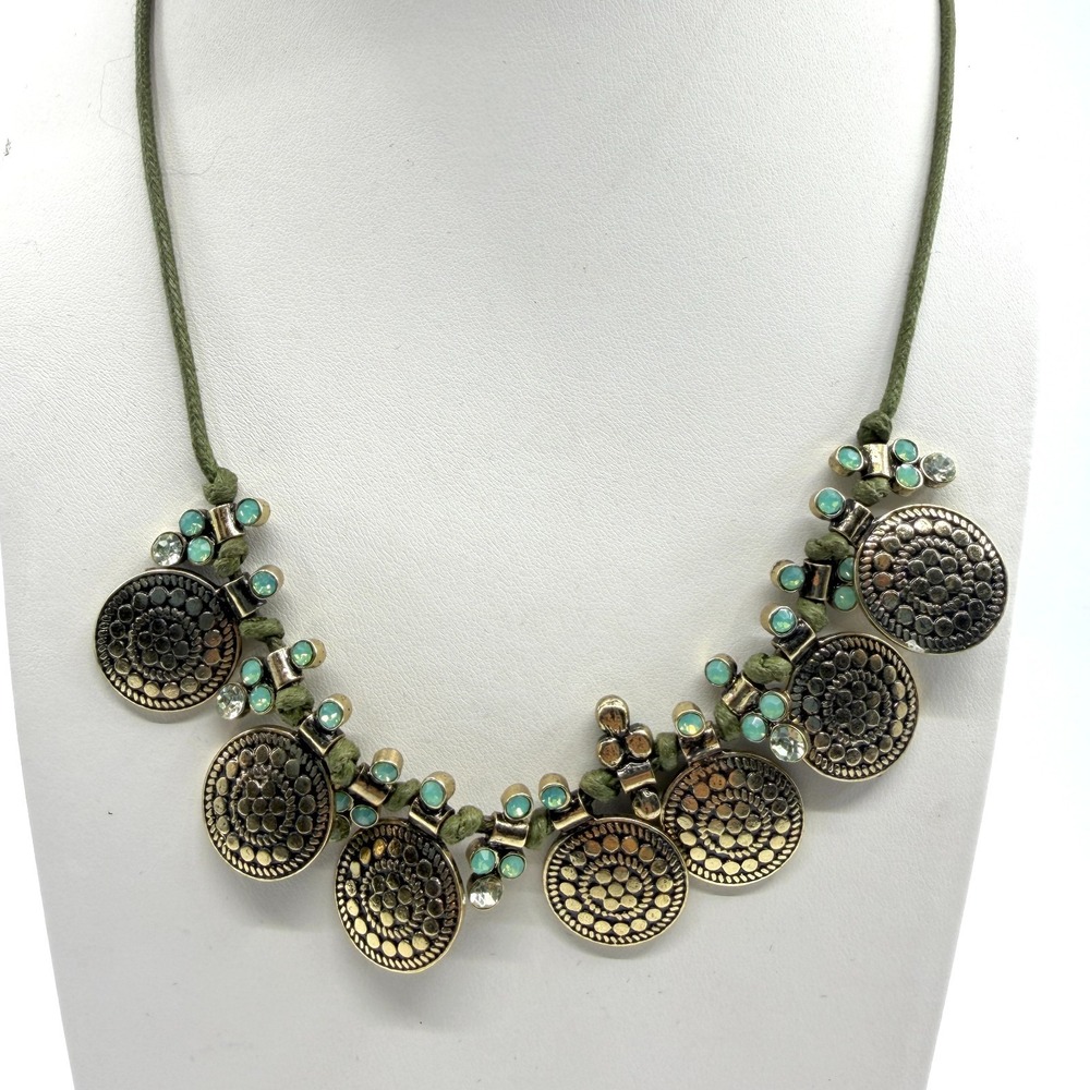 Boho Statement Medallion Dangle Necklace Green Cord Festival Jewelry Bronze Tone